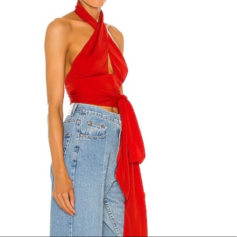 Red wrap around top with tags
